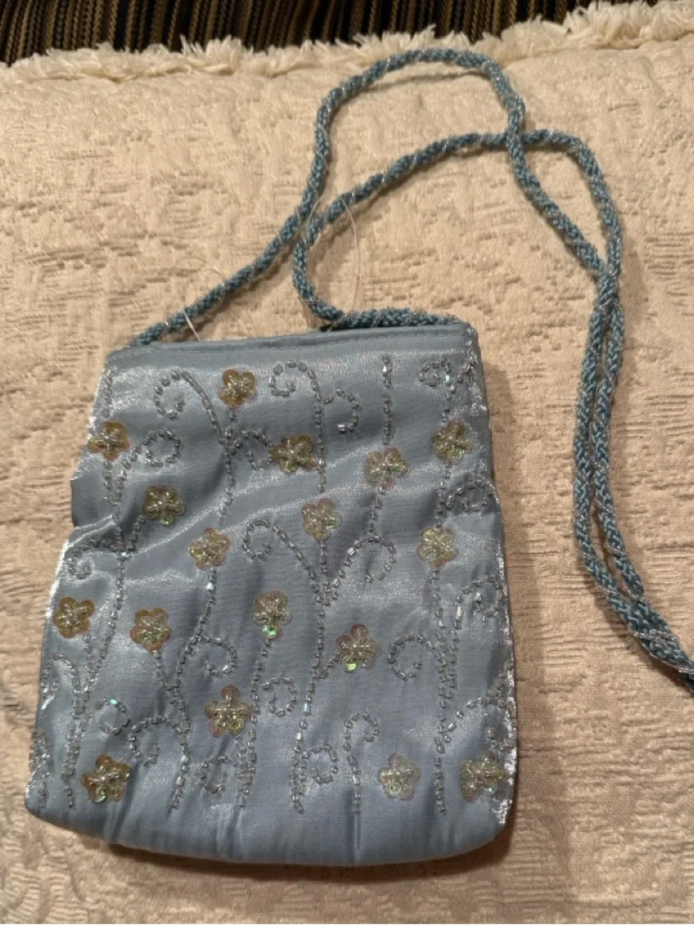 Embroidered Light Blue Crossbody Purse with Braided Strap